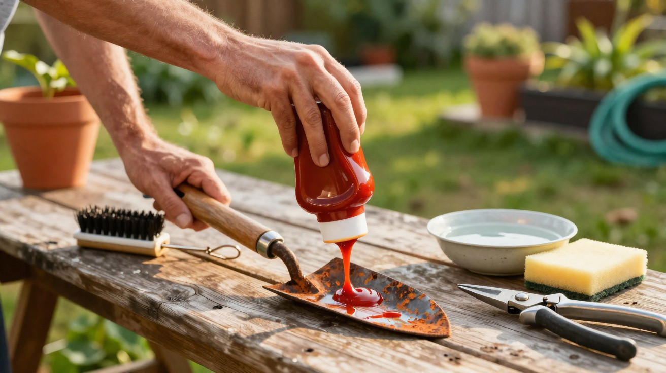 Person pouring red liquid rust remover onto a rusty garden trowel on a wooden bench outdoors.