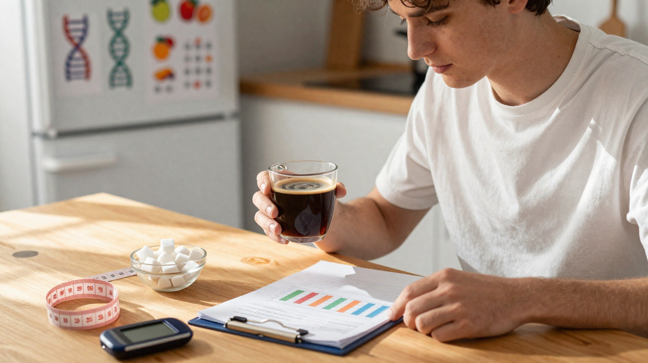 Person holding a cup of black coffee while reviewing a colourful bar graph on a clipboard at a wooden table.