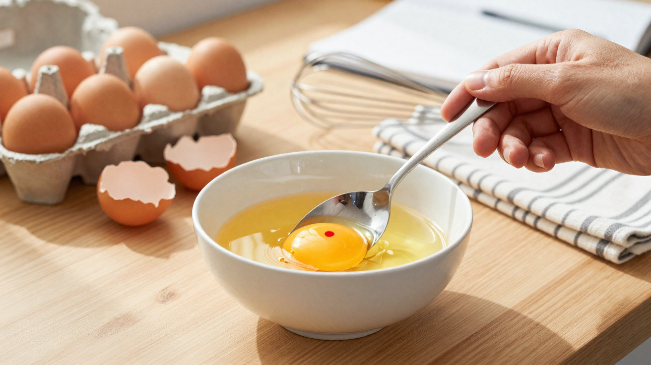 Hand holding spoon lifting egg yolk from a bowl with cracked eggs and a whisk on a wooden table.