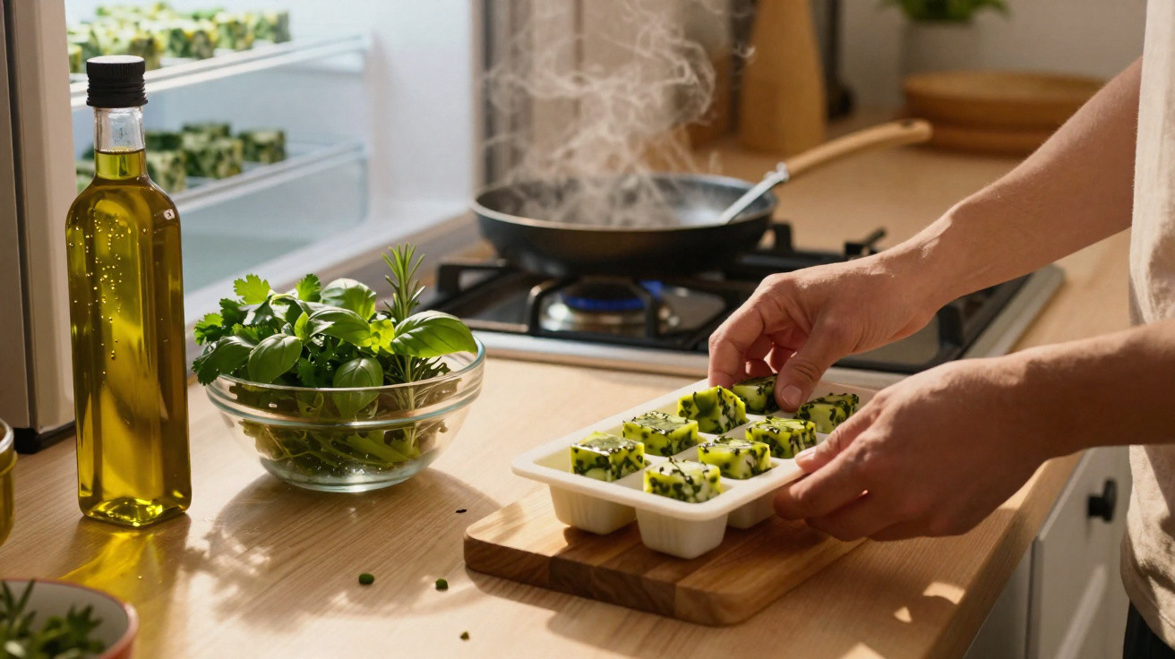 Person placing green herb cubes with black seeds into an ice cube tray on a kitchen countertop.