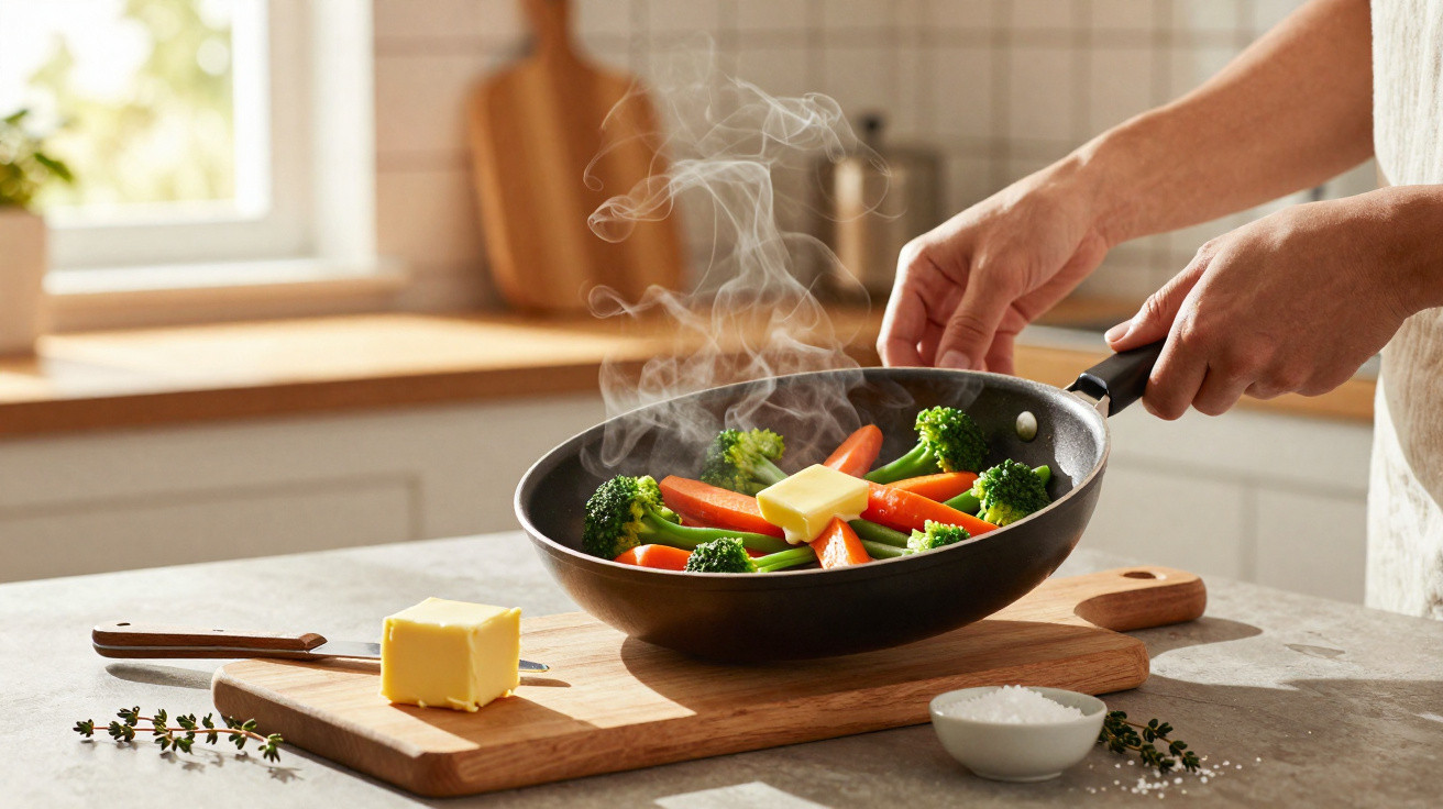 Hands cooking steaming broccoli and carrot with butter in a frying pan on a kitchen countertop.