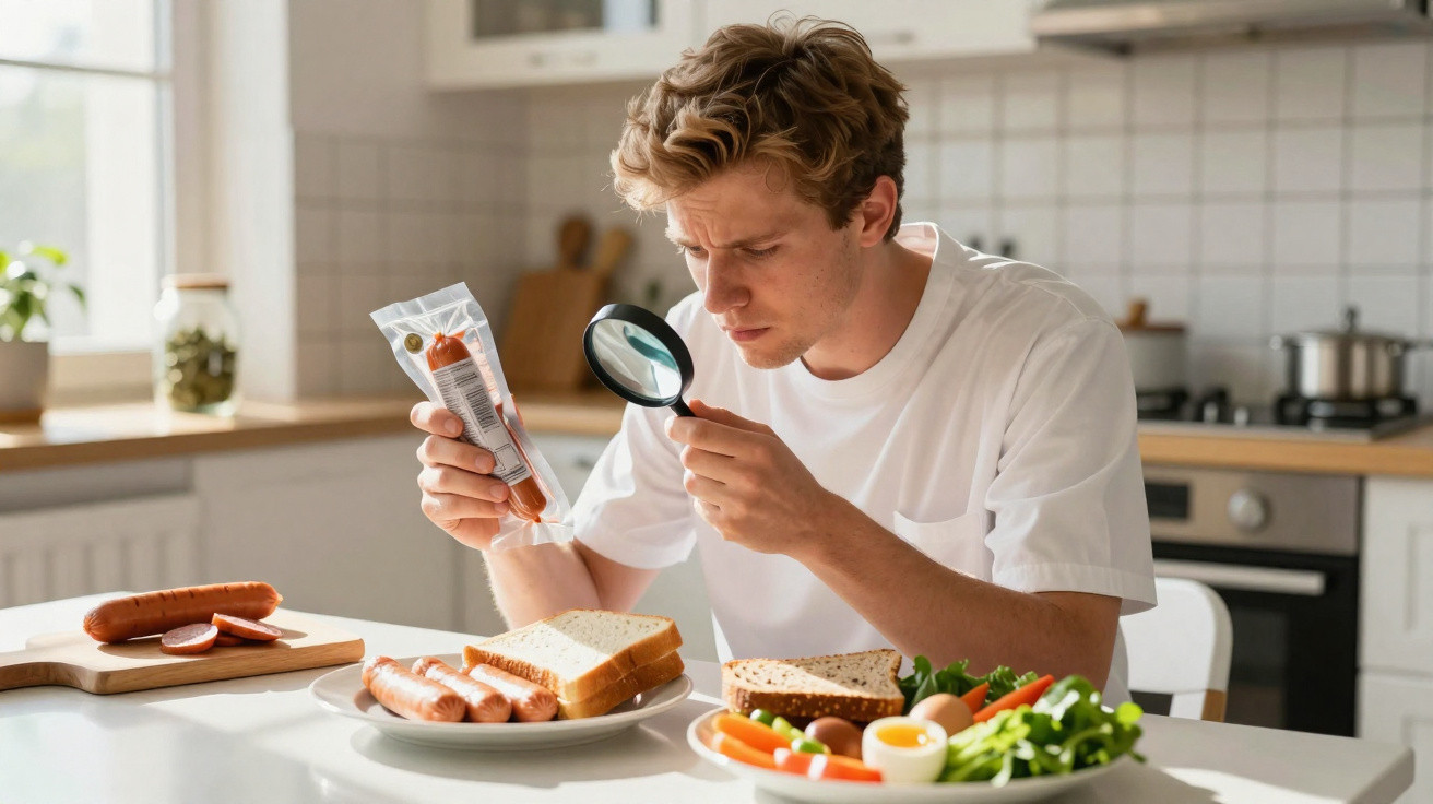 Young man in kitchen closely inspecting packaged sausage with magnifying glass before eating.