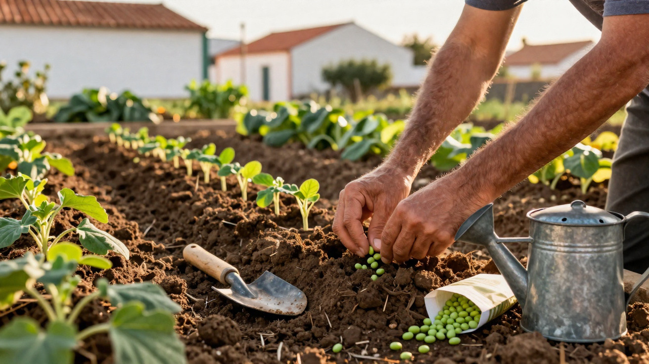 Hands planting green pea seeds in soil with a watering can and trowel nearby in a garden.