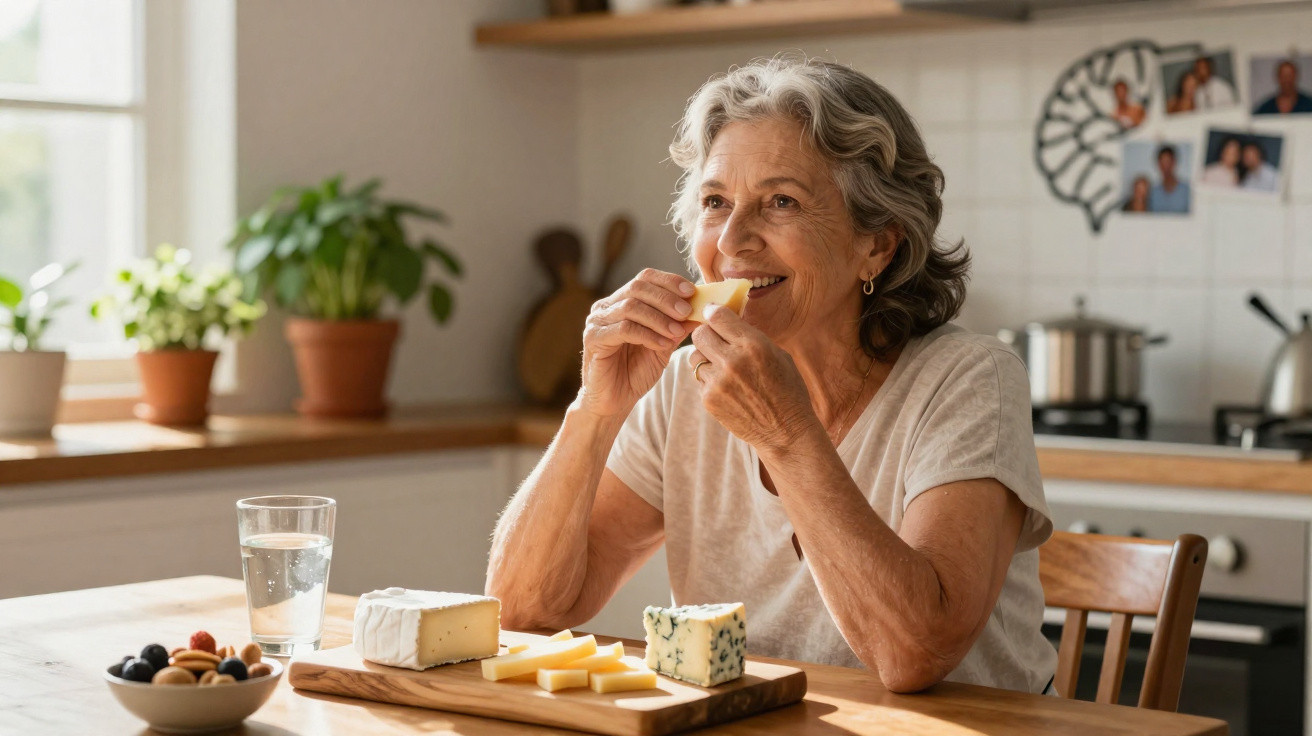 Older woman enjoying a slice of cheese at a wooden kitchen table with a selection of cheeses and nuts nearby.