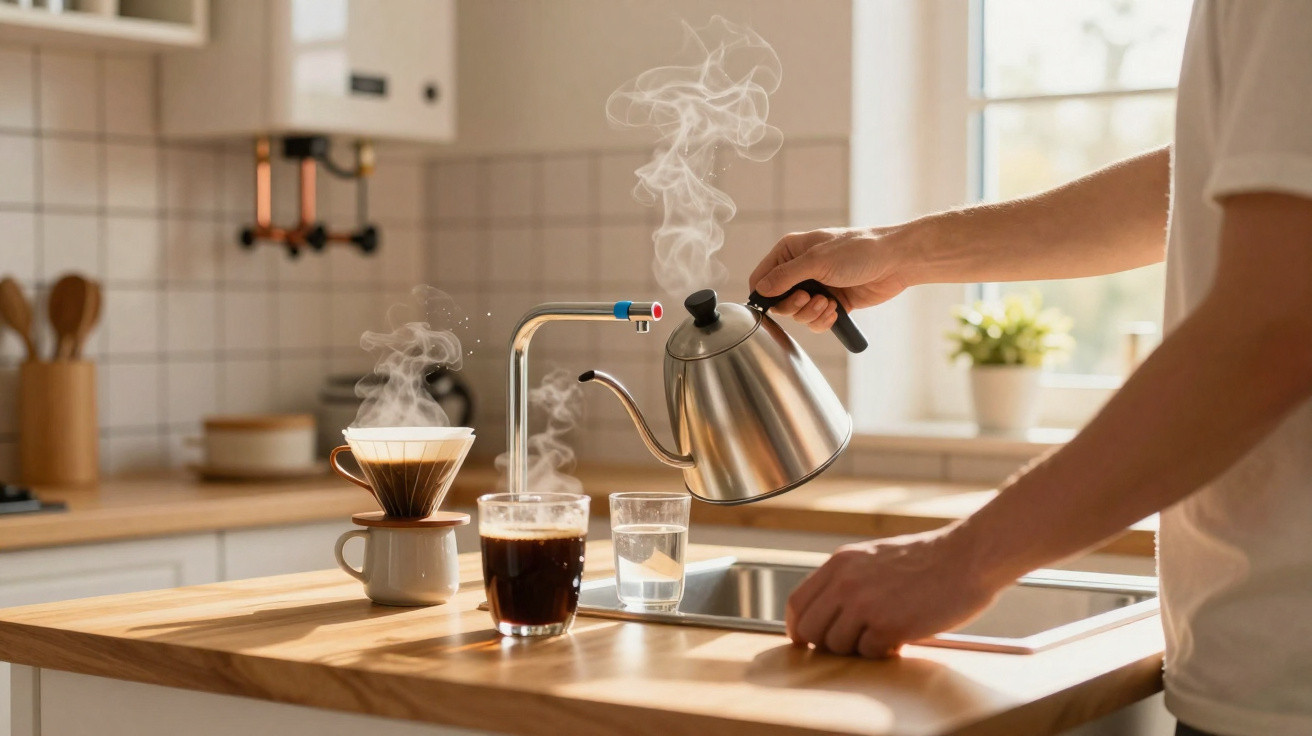 Person pouring hot water from a kettle into a coffee dripper on a kitchen counter with steam rising.