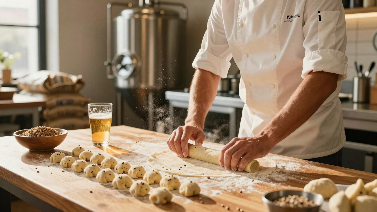 Chef rolling dough on a wooden table with small dough balls and ingredients in a brewery kitchen.
