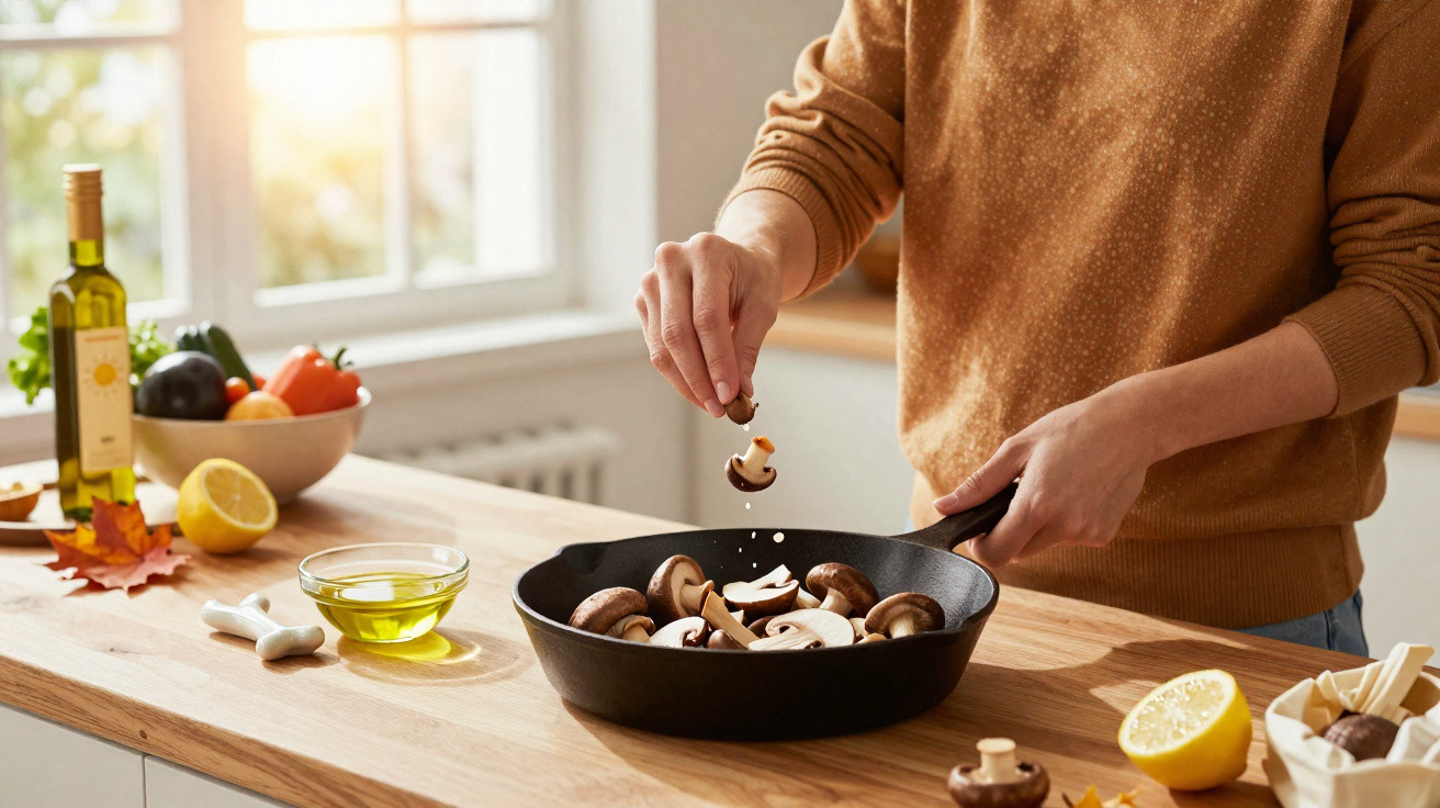 Person sprinkling salt on mushrooms cooking in a pan on a kitchen counter with ingredients nearby
