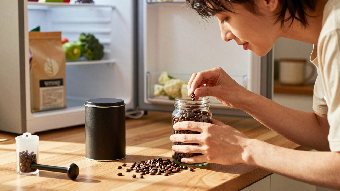 Person filling a jar with coffee beans on a kitchen counter next to an open fridge.