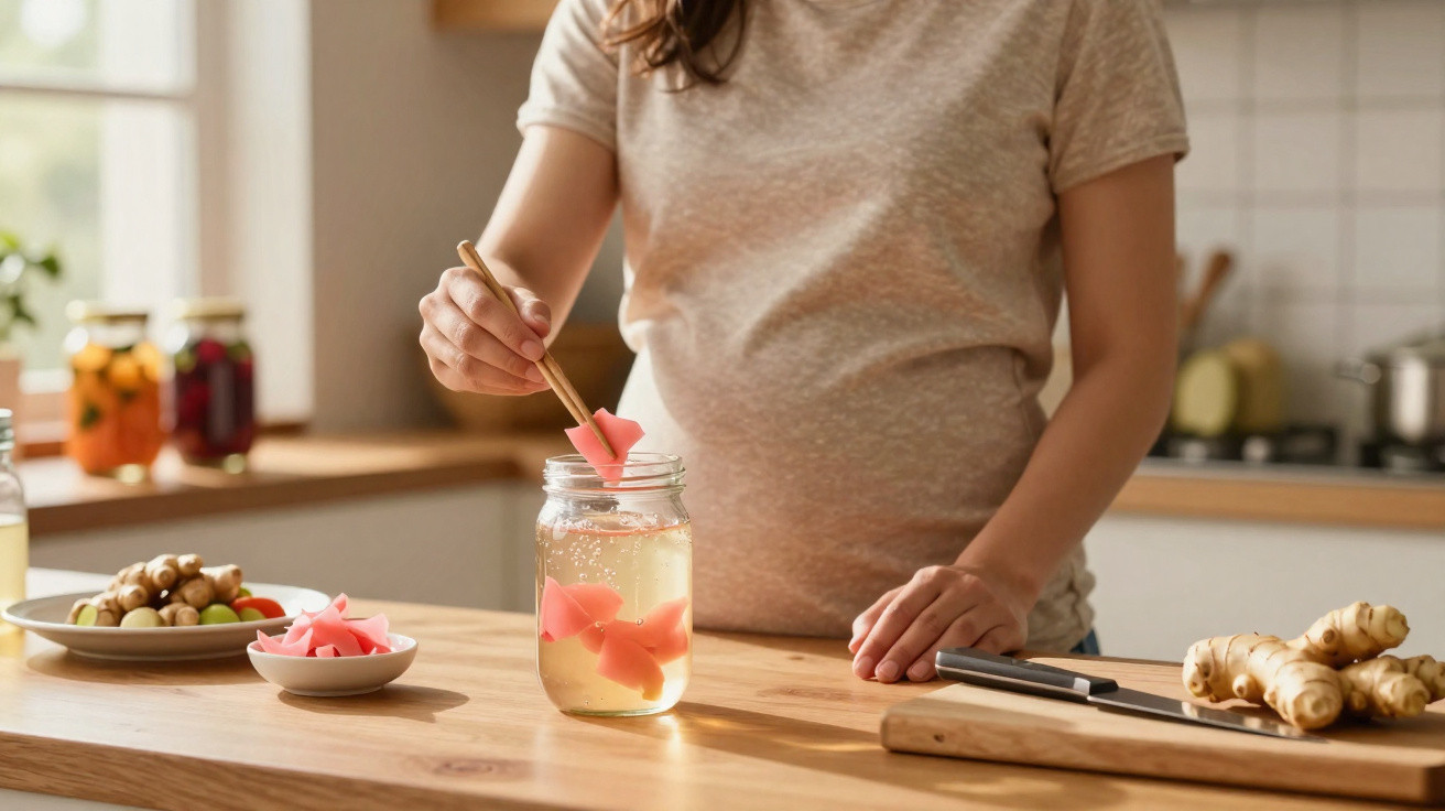 Pregnant woman using chopsticks to place pickled ginger into a jar of liquid on a kitchen counter.