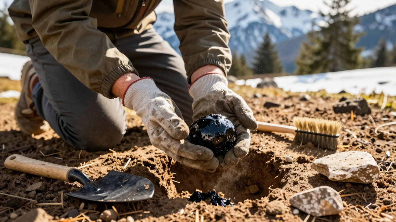 Person wearing gloves holding a black, shiny ball while kneeling next to a hole in rocky soil outdoors.