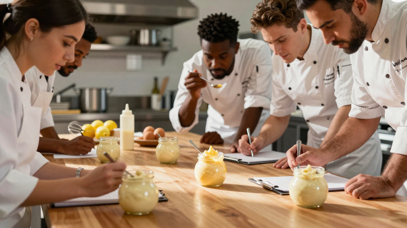 A group of chefs in white uniforms tasting and taking notes on jars of creamy sauce in a kitchen.