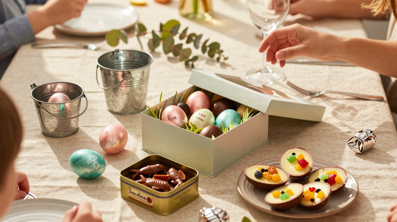 Table with decorated Easter eggs in a box, chocolate sardines in a tin, fruit-topped tarts, and children’s hands reaching in.
