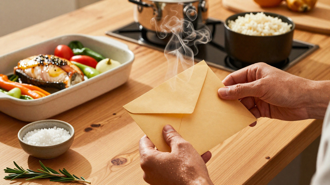 Person holding a steaming envelope in a kitchen with fresh vegetables and cooking pots on a wooden table.