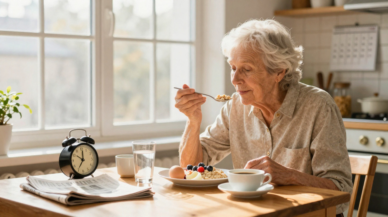 Elderly woman eating breakfast cereal with berries at a sunlit kitchen table with clock and newspaper.