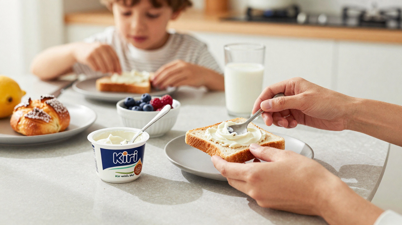 Hands spreading soft cheese on toast with a child eating at a table with pastries, berries, and a glass of milk.