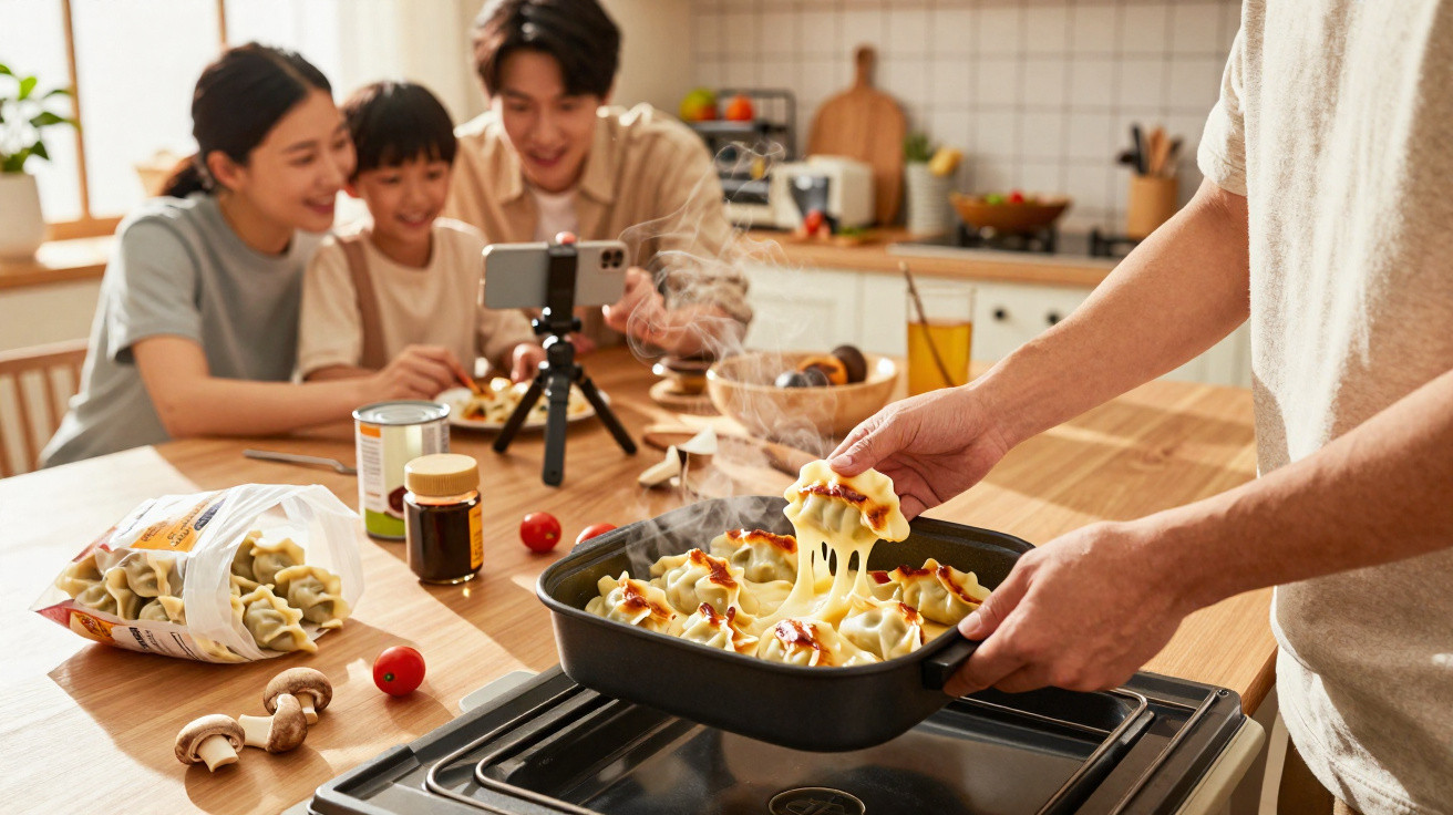 Person serving steaming baked dumplings from a tray while family watches and records in a kitchen.