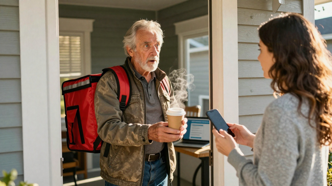 Older man with red backpack delivering steaming coffee to woman using smartphone at a house doorway.