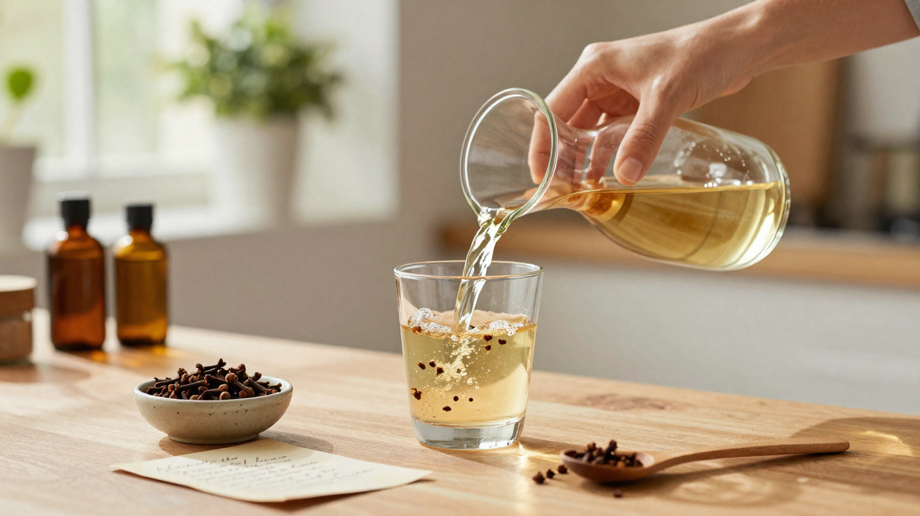Hand pouring herbal tea from glass jug into a clear glass on a wooden table with cloves nearby.