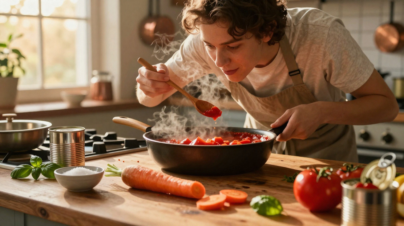 Person in apron smelling steaming tomato sauce in pan on wooden kitchen counter with vegetables and cans nearby