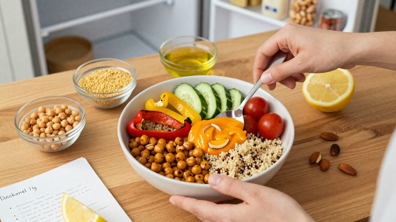 Hands holding a bowl with chickpeas, quinoa, cucumber, cherry tomatoes, bell peppers, and orange sauce on a wooden table.