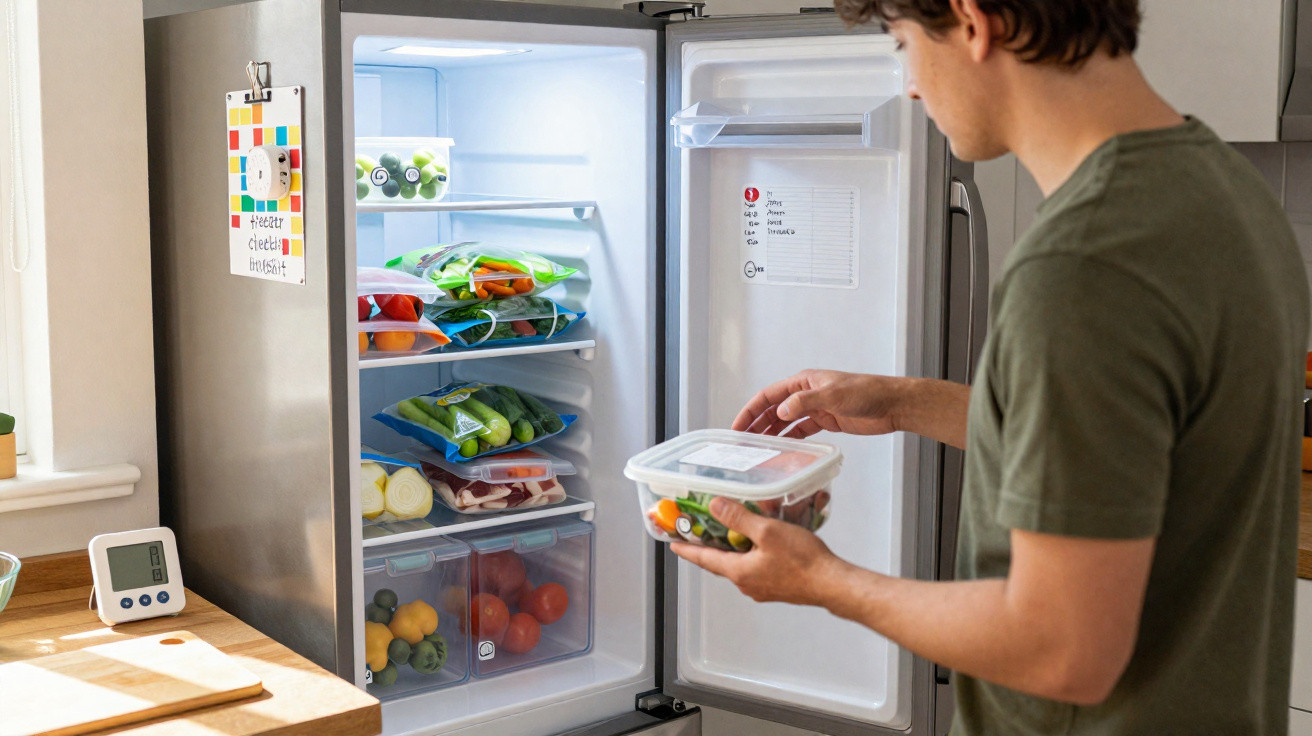 Young man organising fresh vegetables in clear plastic containers inside an open fridge in a kitchen.
