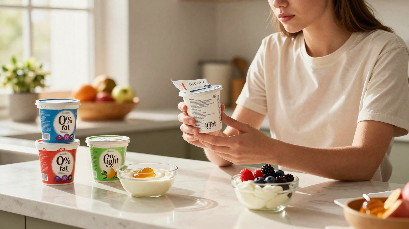 Woman holding a yoghurt pot at a kitchen counter with bowls of yoghurt and fruit in front of her