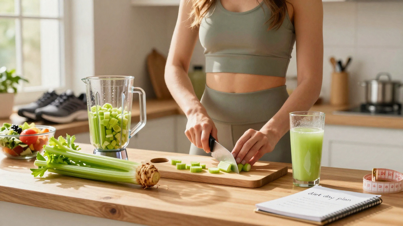 Person in activewear chopping celery on a board with a blender, juice, salad, and diet plan on the kitchen counter.