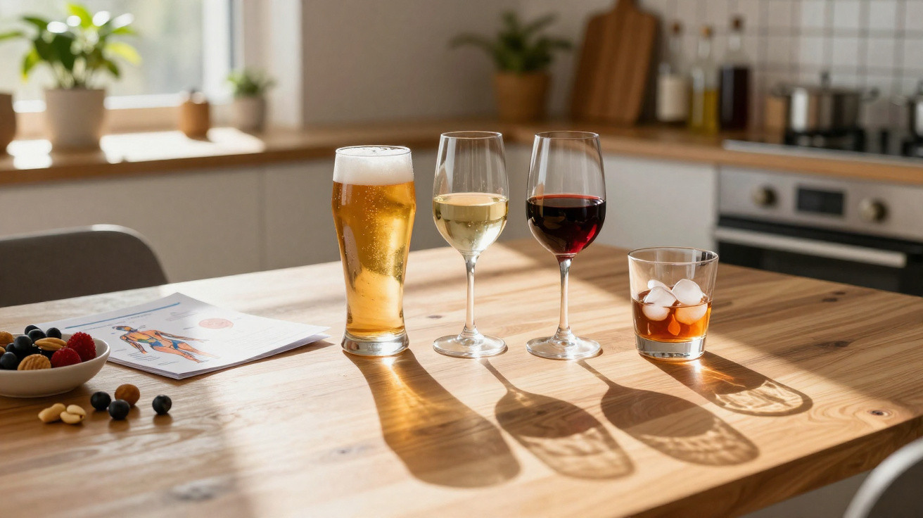 A glass of beer, white wine, red wine, and a whiskey with ice sit on a sunlit wooden kitchen table.