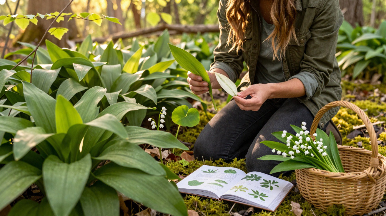 Person kneeling in forest examining plant leaves with an open botanical book and basket of lilies of the valley nearby.