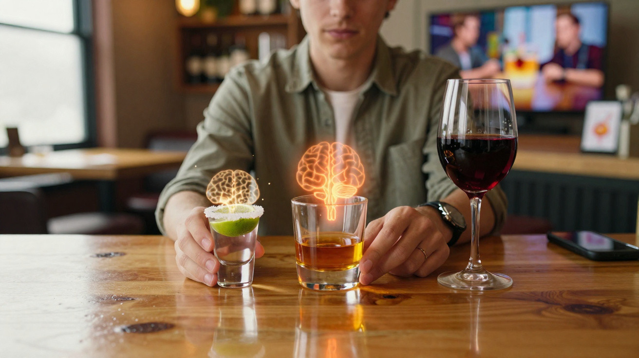 Person sitting at a table holding a tequila shot and whiskey glass with digital brain icons above them, next to a glass of re