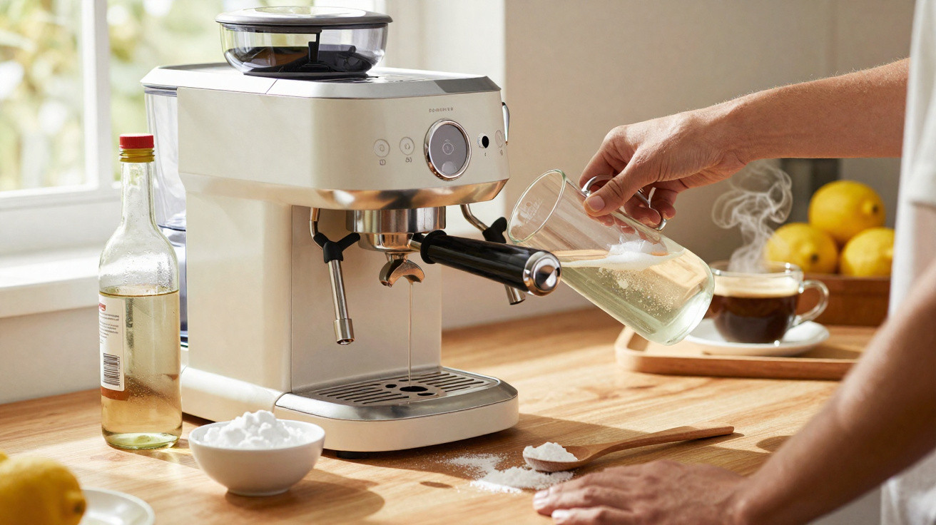 Person pouring liquid into modern espresso machine on wooden kitchen counter with coffee cup and lemons nearby