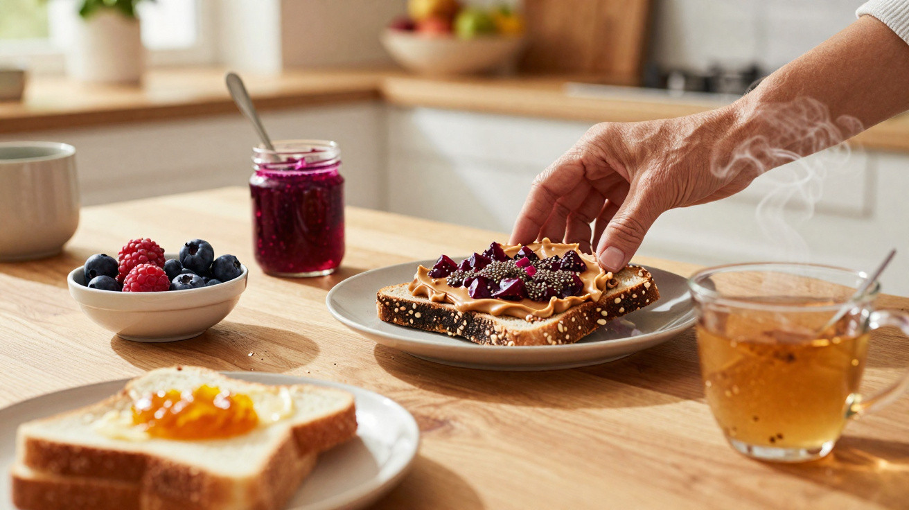 Hand reaching for a toasted sandwich with peanut butter and jelly on a kitchen table with tea and berries.