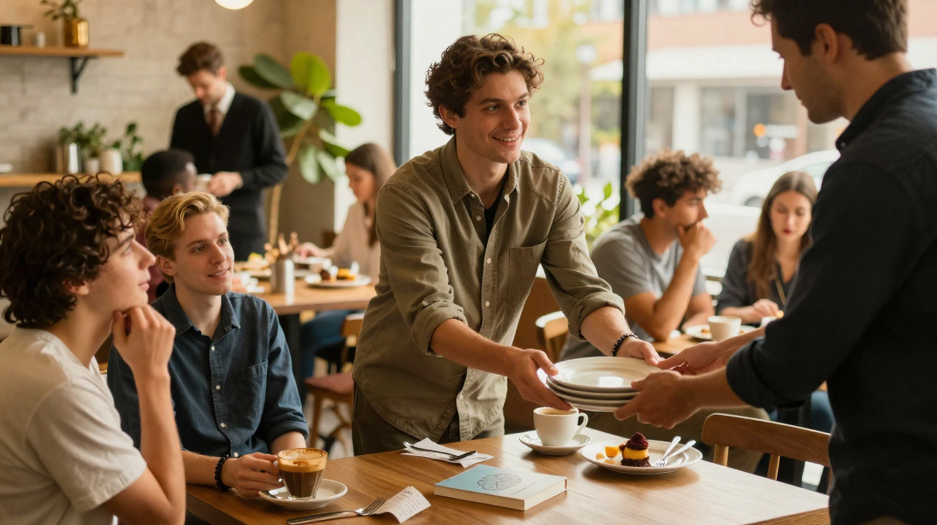 Young man serving plates to friends sitting at a café table enjoying drinks and dessert.