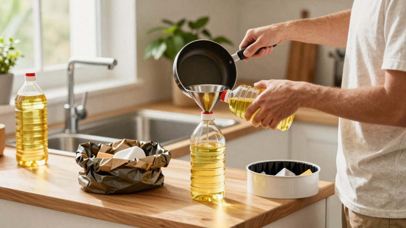 Person pouring cooking oil from a small pan into a plastic bottle using a funnel in a kitchen.