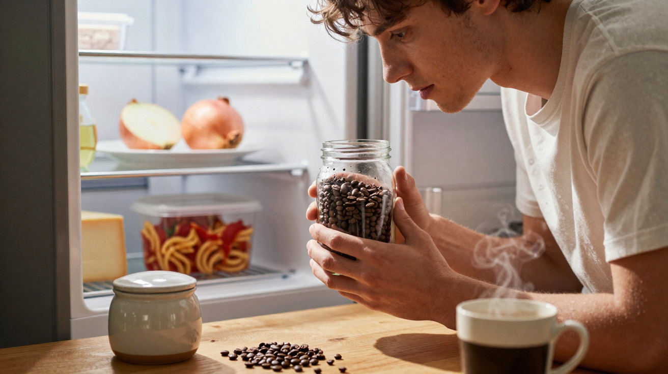 Young man holding a jar of coffee beans near an open fridge with a steaming cup of coffee on the table.