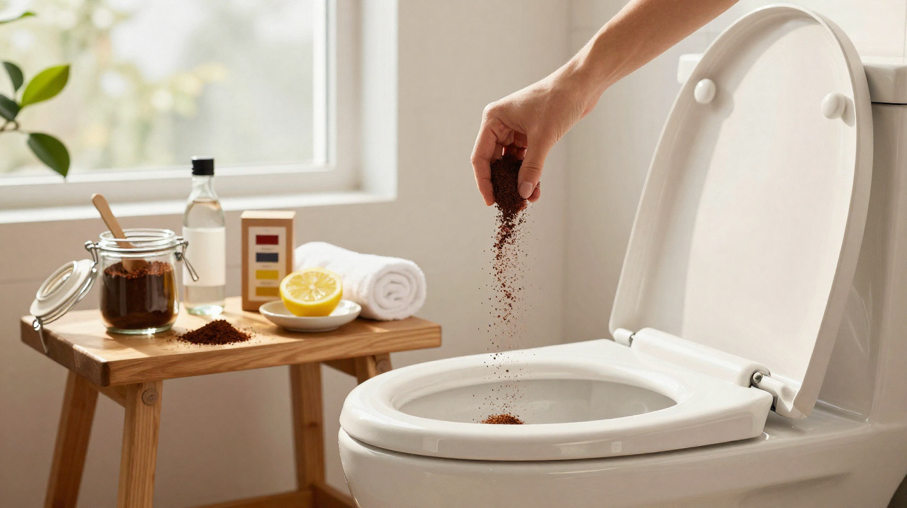 Hand sprinkling coffee grounds into a white toilet bowl with lemon, towel, and cleaning supplies on wooden stool nearby.