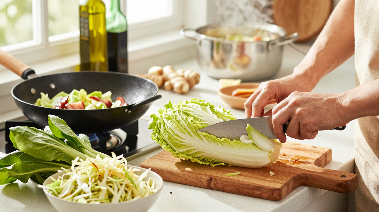 Person slicing napa cabbage on a wooden board in a kitchen with vegetables and a pan on the stove.