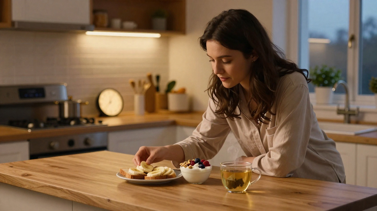 Woman sitting at kitchen table preparing breakfast with sliced bananas on toast, yoghurt with berries, and tea.