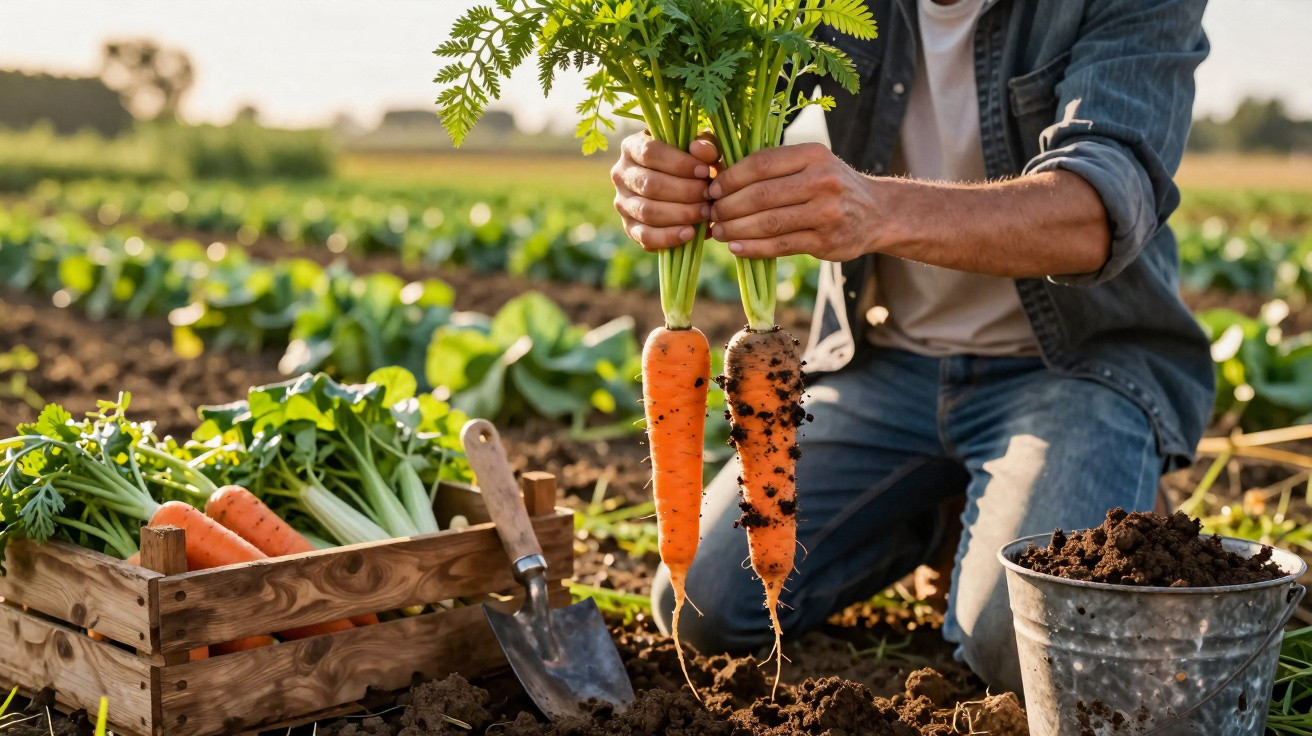 Person harvesting fresh carrots in a vegetable garden with a wooden crate and gardening tools nearby