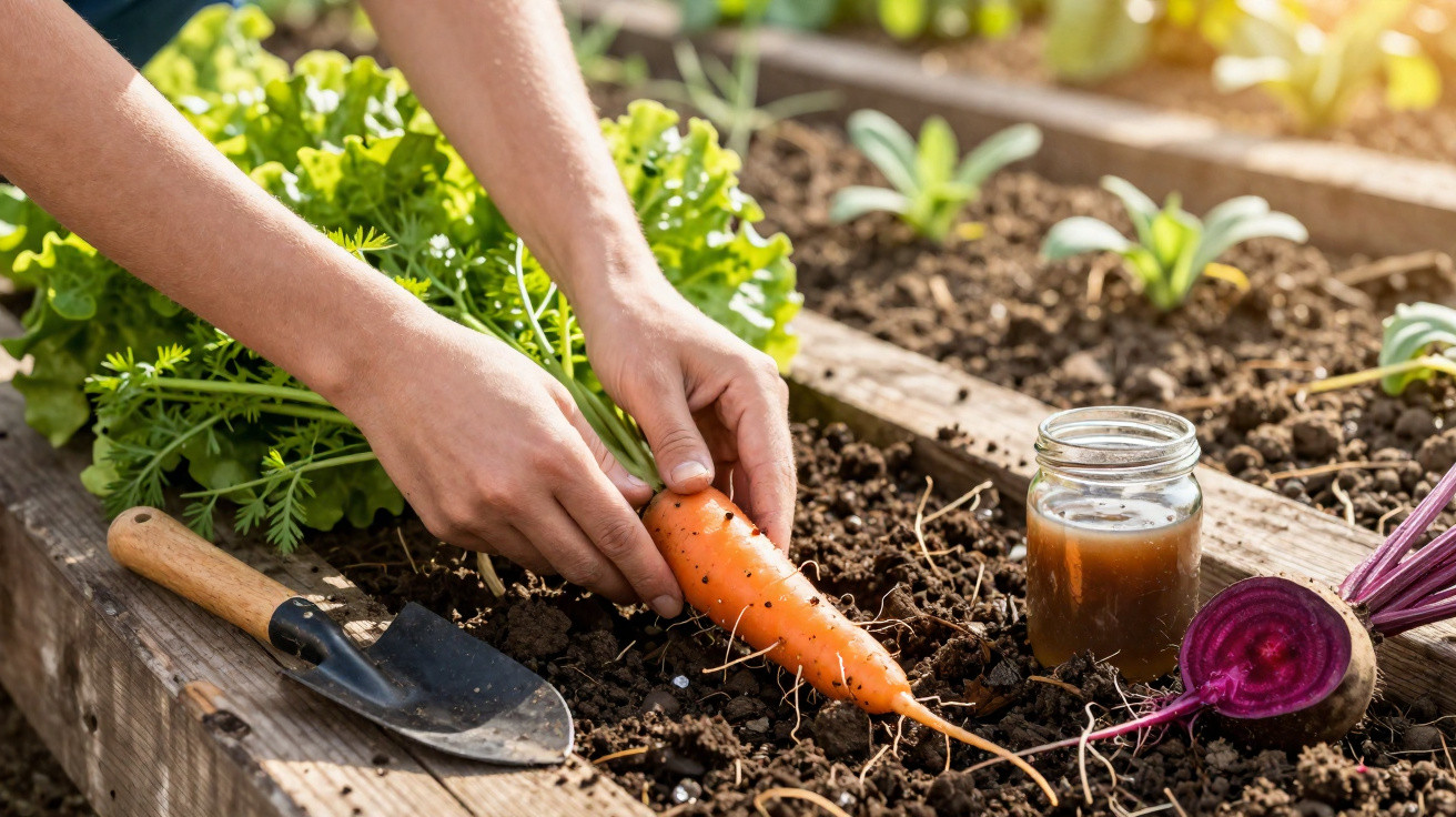 Hands harvesting a carrot from soil in a garden bed with a trowel and cut beetroot nearby.