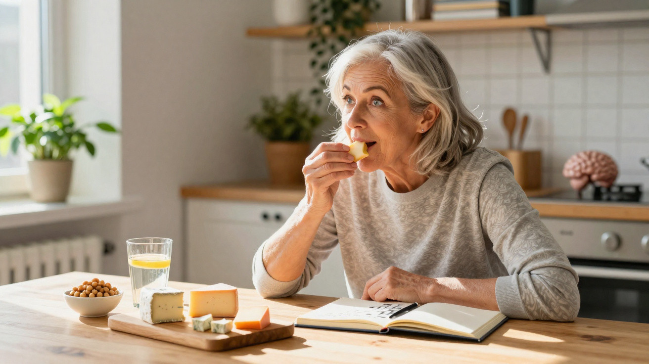 Older woman sitting at kitchen table eating cheese with an open notebook and a glass of water in natural light.
