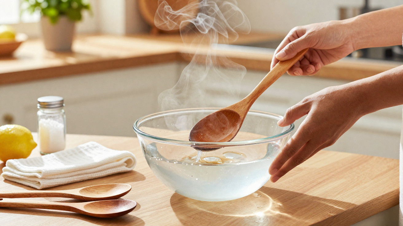 Hands stirring steam rising from a glass bowl of hot water with a wooden spoon on a kitchen counter.
