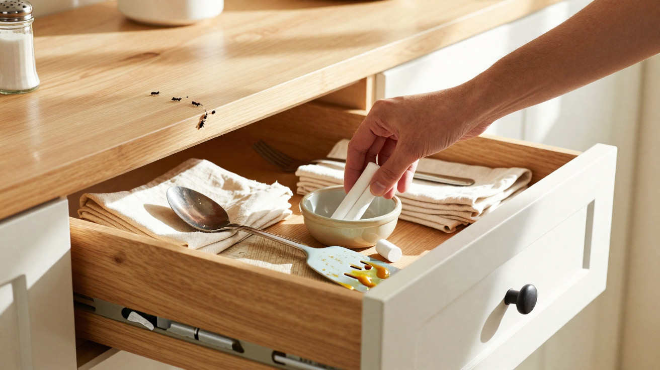 Open kitchen drawer with utensils and a hand placing denture tablets in a small bowl