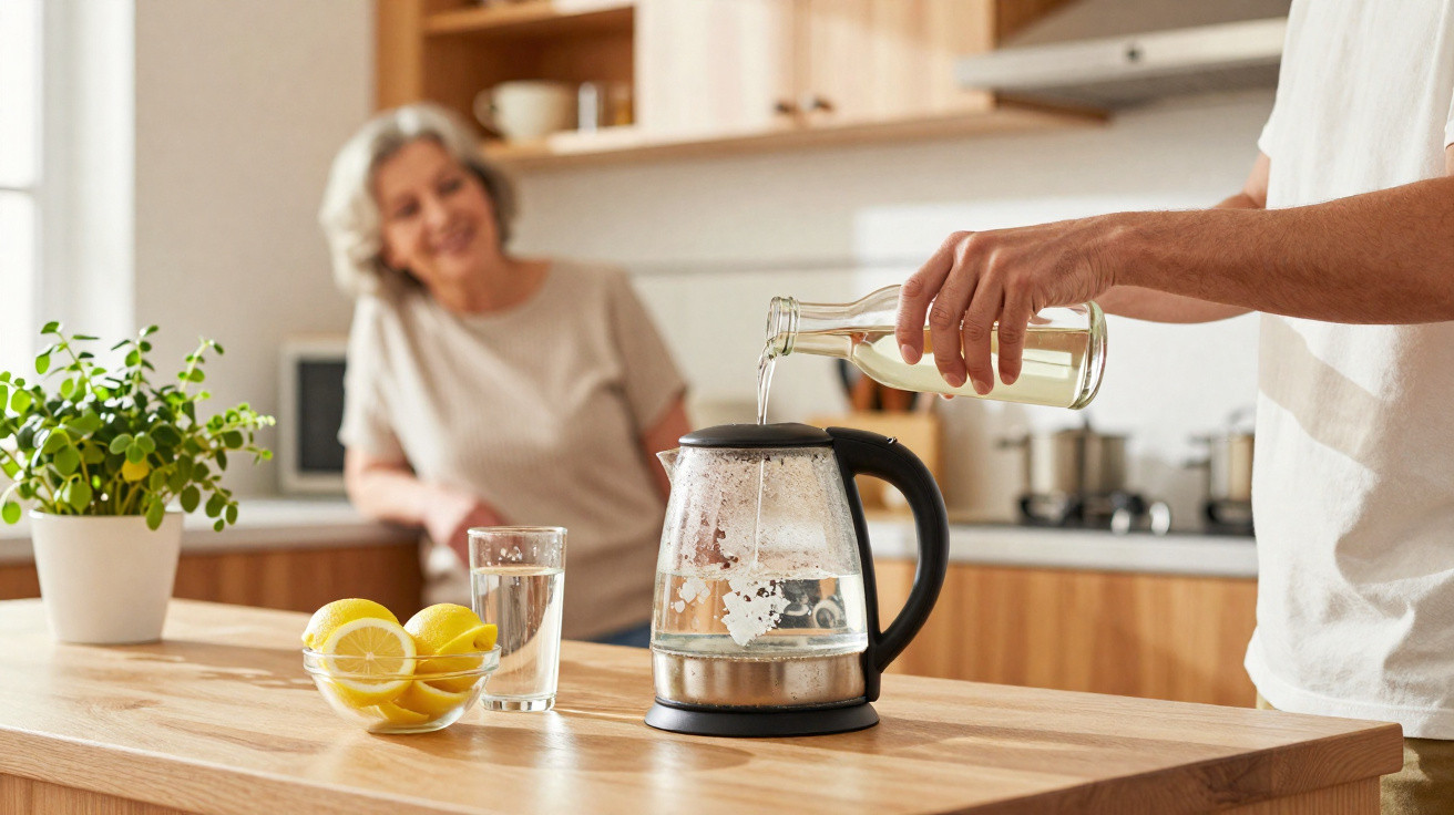 Person pouring water into a glass kettle on a kitchen island, woman smiling in the background