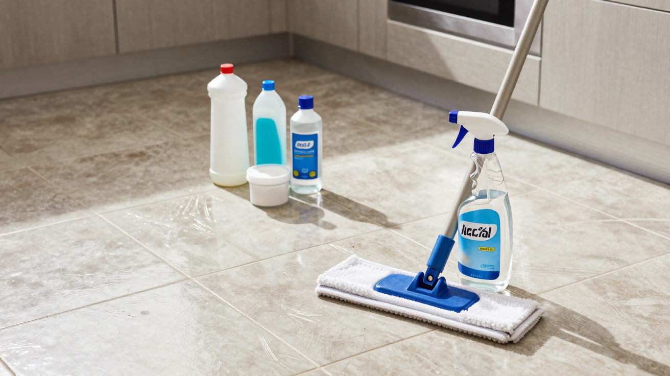 Cleaning mop with spray bottle and various cleaning products on a tiled kitchen floor.