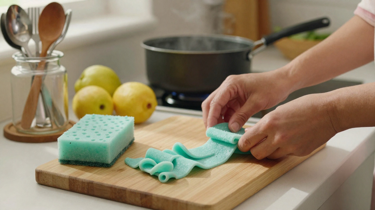 Hands stretching a flexible blue cleaning sponge on a wooden chopping board in a kitchen.