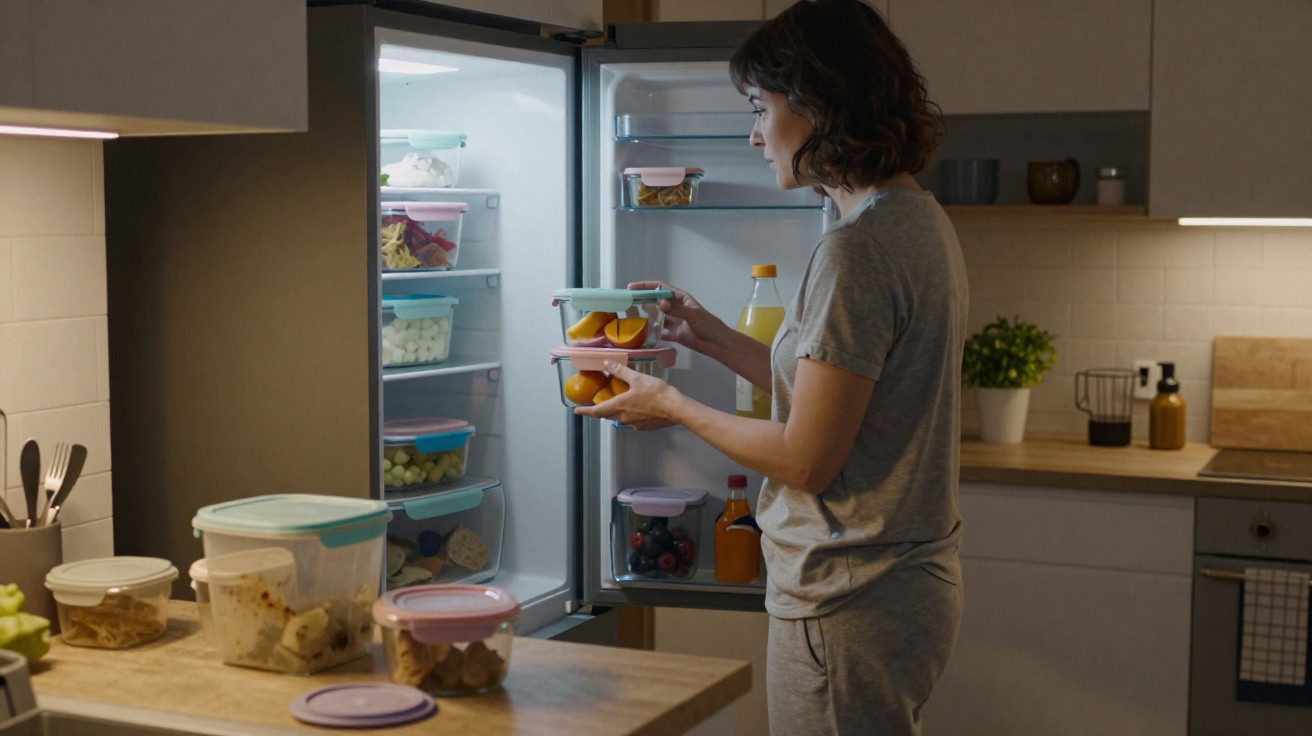 Woman in casual clothes organising food containers in a fridge in a modern kitchen at night.