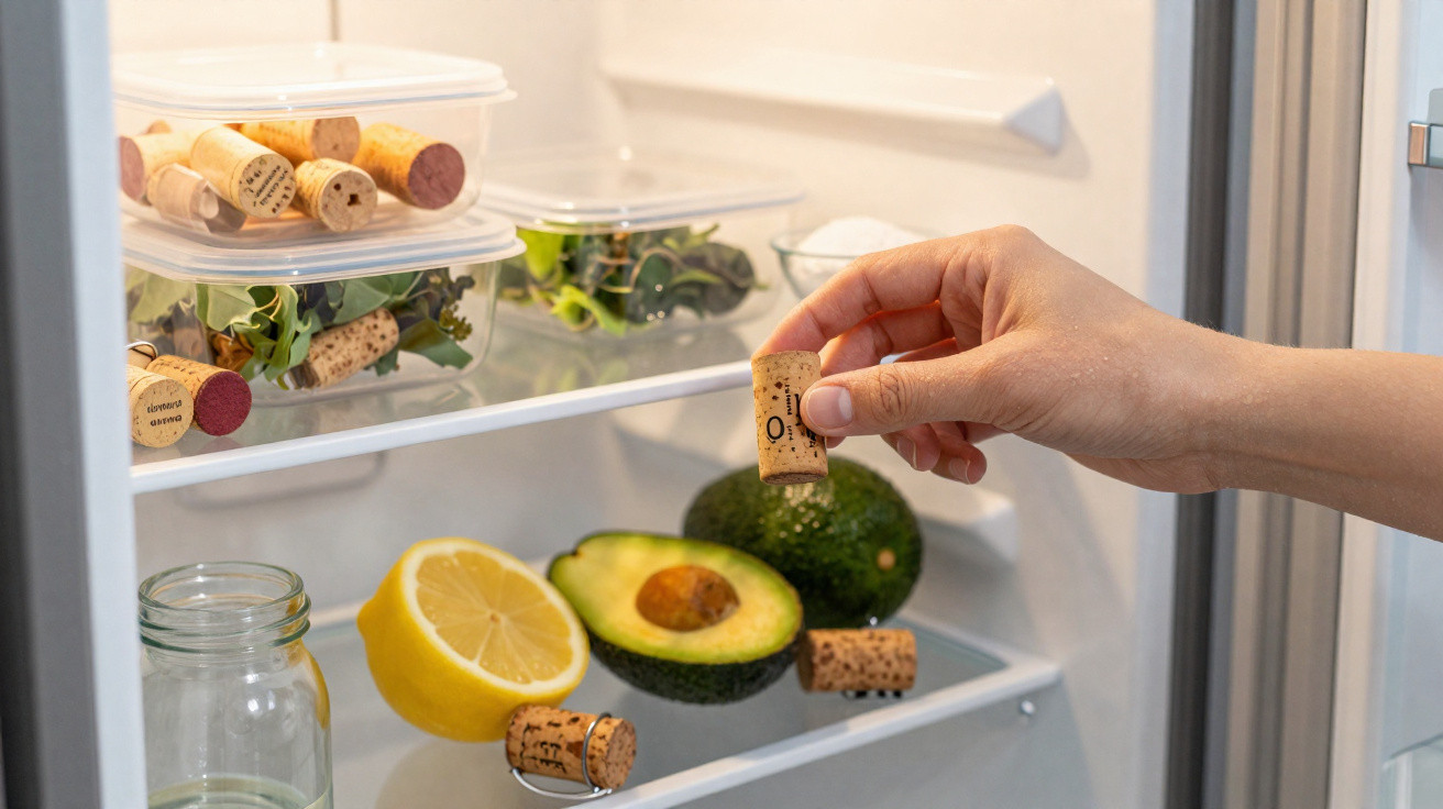Hand placing a wine cork inside a fridge shelf with avocados, lemon, and containers of corks and greens.