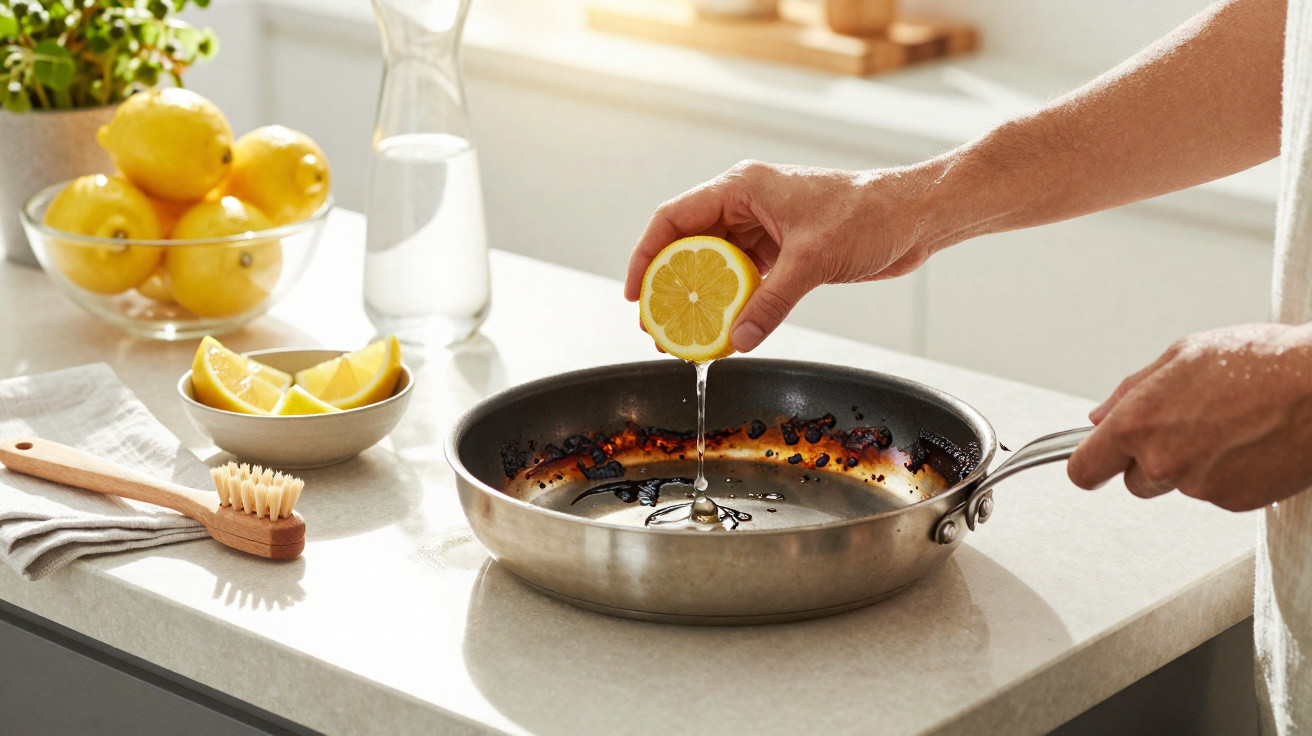 Person squeezing lemon juice into a charred stainless steel frying pan on a kitchen counter.