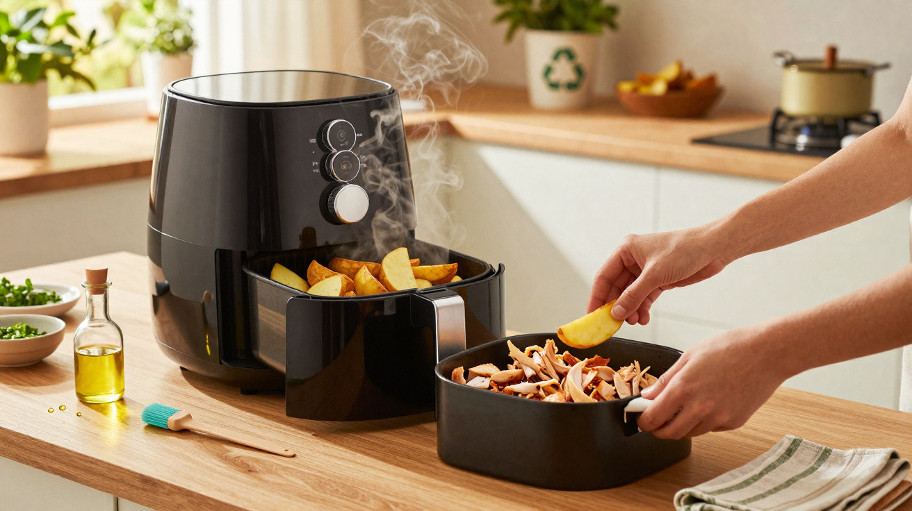Person placing potato wedges into a black air fryer on a kitchen countertop with steam rising.